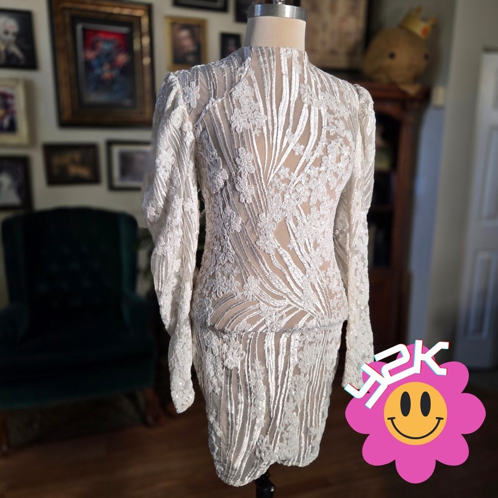 Vintage Y2K Va Va Voom Sheer Lace‎ Bodycon Mini Dress Long Sleeve
